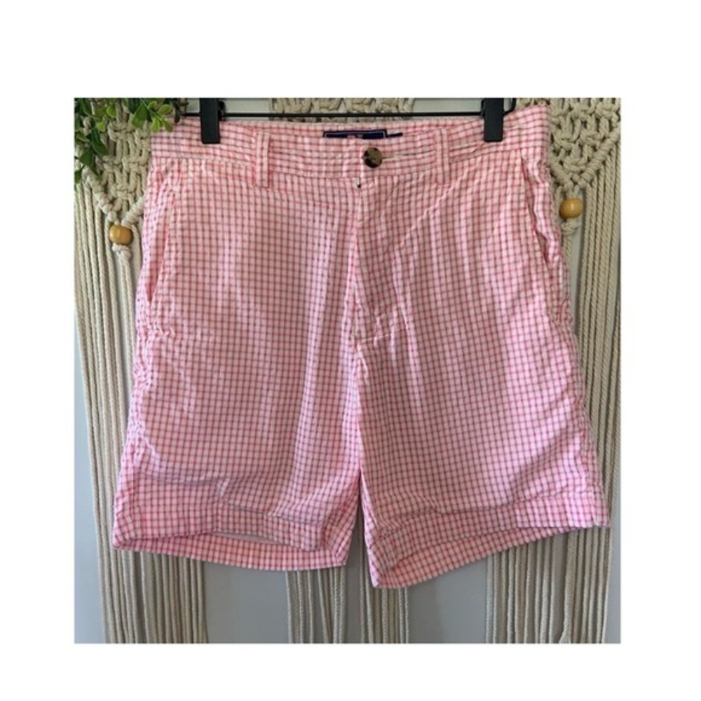VINEYARD VINES Men's Seersucker Check 7" Breaker Shorts Island Sunset Pink 28‎